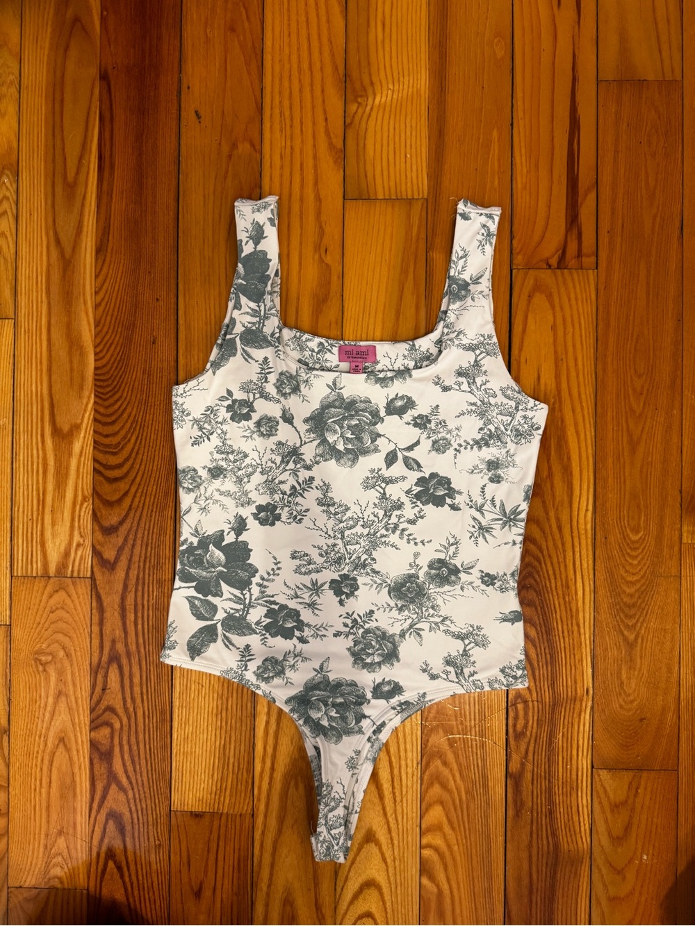 Floral Print Square Neck Bodysuit - White with Sage Green Floral